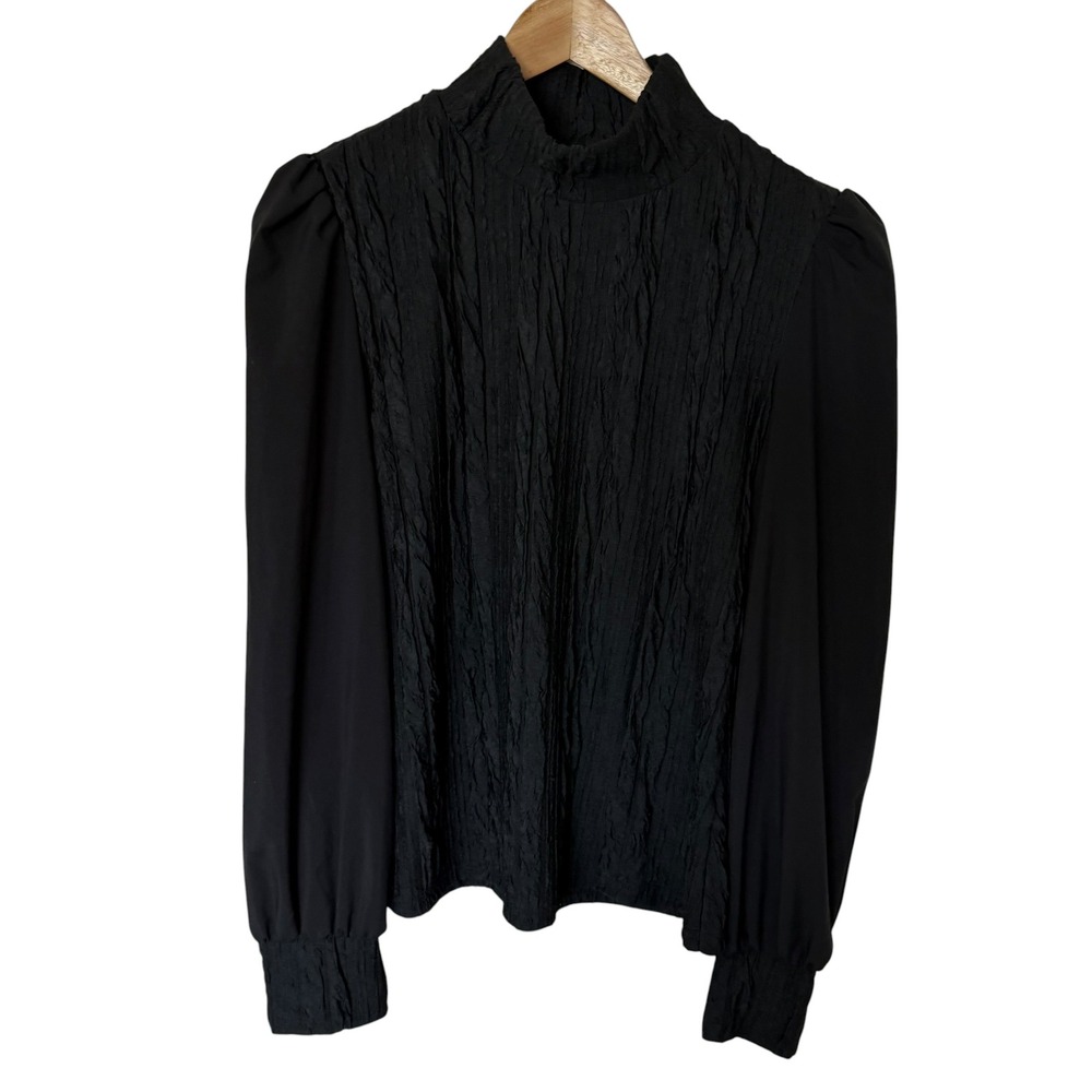 SHEIN Blouse Women Large Black Excellent Crinkle Mock Neck Puff Sleeve Top